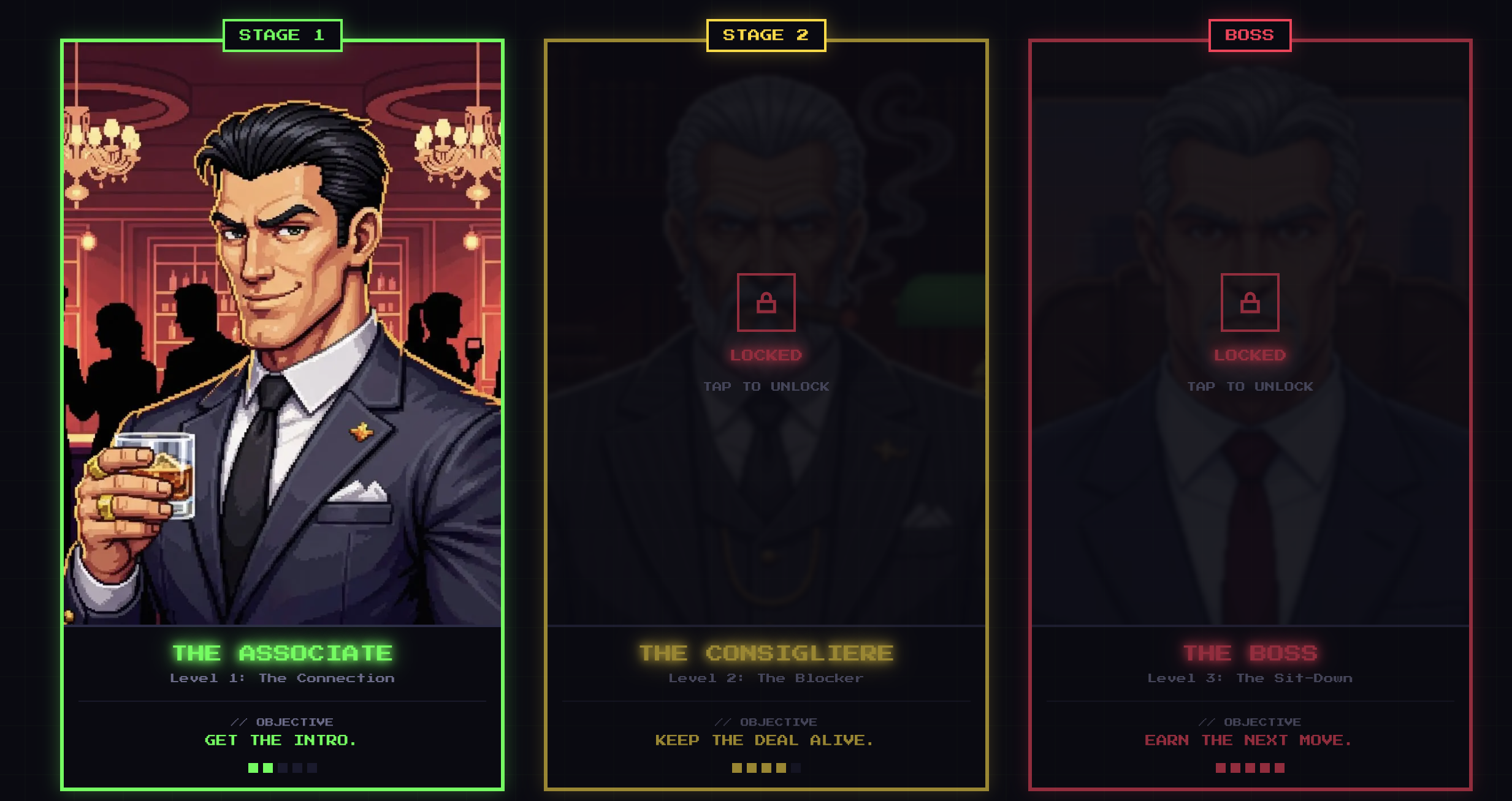 Three pixel-art game stages from SalesGame.ai: The Associate, The Consigliere, and The Boss